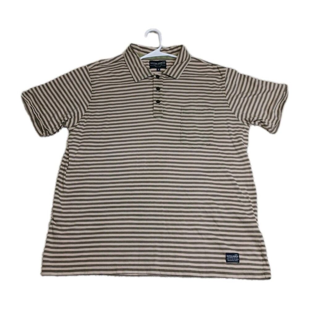 Vintage Nautica Jeans CO Men's Short Sleeve Striped Polo Tan Large Y2k 90's
